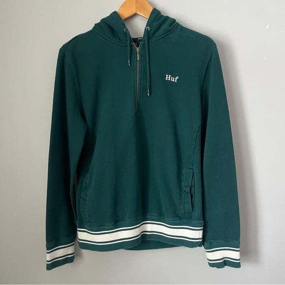 HUF Worldwide Relay French Terry Jade Green Quarter Zip Pullover Hoodie Size S - Picture 2 of 16